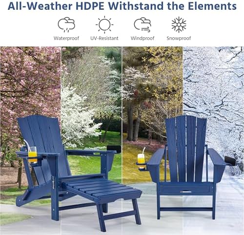 Yaheetech Adirondack Chairs 1pcs Outdoor Folding Set with Ottoman,Navy Blue