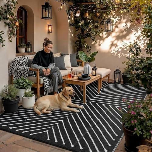 Garvee 5x8 Black and White Striped Outdoor Waterproof Rug Reversible Plastic Straw Patio Mat, Portable RV Camping Rug Quick Dry for Picnic, Beach, Balcony, Deck UV Protected & Lightwight, Black&White