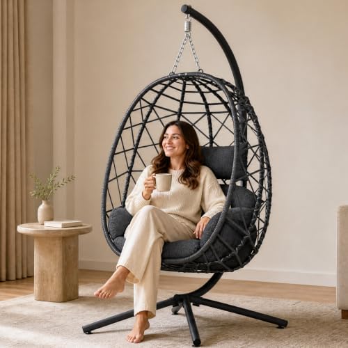 SWITTE Hanging Egg Chair with Stand Outdoor, Wicker Patio Swing, Grey