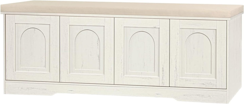 DINZI LVJ Shoe Storage Bench with Cushion, Door, Rustic White 47.2"LX17.7"H