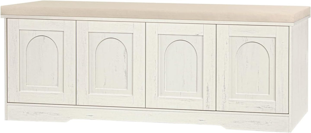 DINZI LVJ Shoe Storage Bench with Cushion, Door, Rustic White 47.2"LX17.7"H