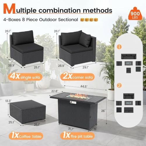 8 Piece Patio Furniture Set with 43" Fire Pit Table, Black