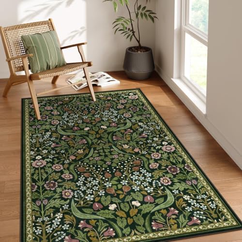 Moynesa Floral Green 4x6 Rug, Boho Washable Rugs for Living Room, Non Slip Soft Bedroom Area Rug, Botanical Ultra Thin Indoor Throw Carpet for Kitchen Entryway Bedside, Green