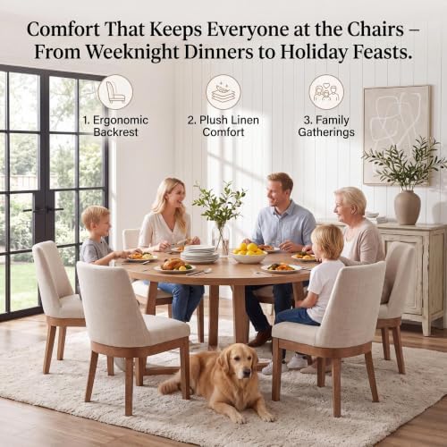 HNY Beige Linen Fabric Dining Chairs Set of 2 with Comfortable Back Support