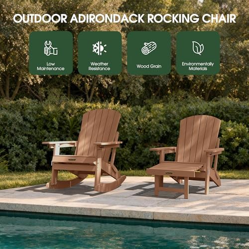 4-in-1 Adirondack Rocking Chair Set of 2, HDPE, Footrest, Teak
