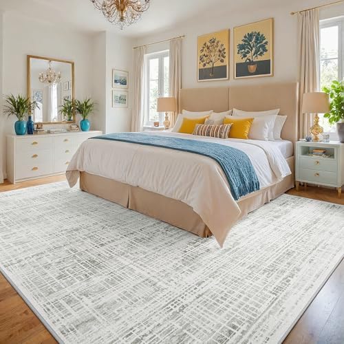 8x10 Washable Area Rug for Living Room Bedroom: Non-Slip Modern White Gray