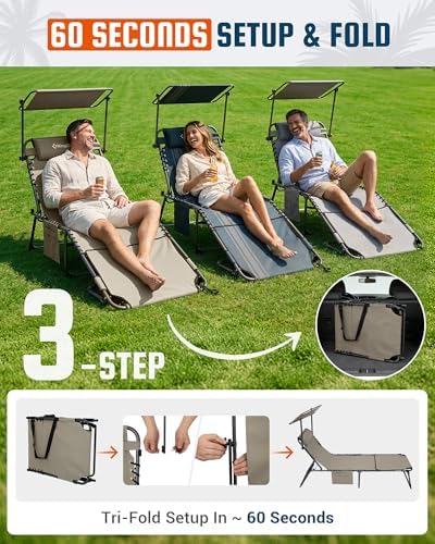 KingCamp 400LBS Lounge Chair with Face Hole & Canopy Shade, Beige 1‑Pack