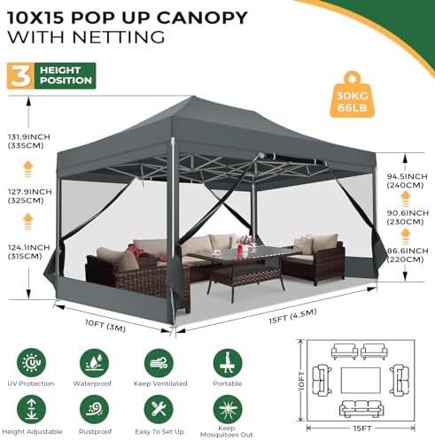 COBIZI 10x15 Heavy Duty Pop Up Canopy with 4 Mosquito Net Sidewalls, Gray