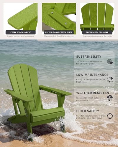AreShark HDPE Folding Adirondack Chair with Cup Holder, Green