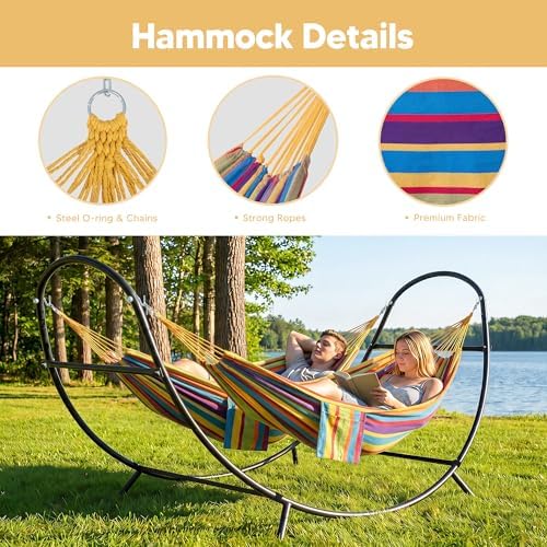 SUNCREAT Hammocks for Outside with Stand, Porch Hammock and Stand, 475 lbs Capacity, Patent Pending, Rainbow