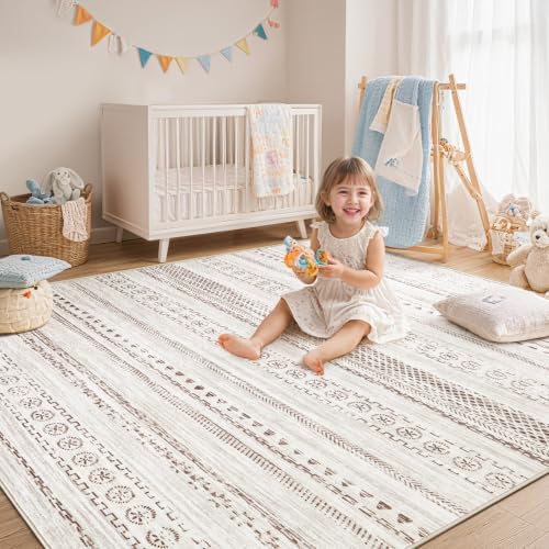 kakania Washable 9x12 Area Rug for Living Room: Boho Geometry Home Decor