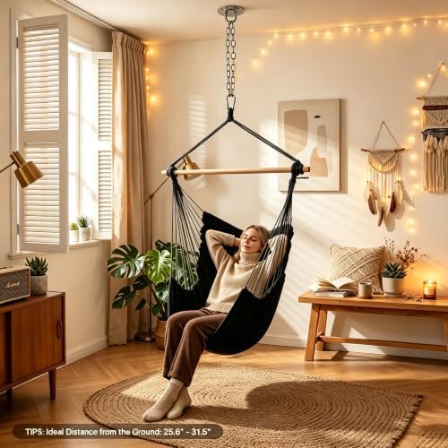 Athena Collection Hammock Chair Hanging Rope Swing, Black