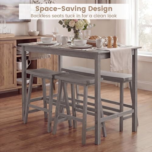 GIANTEX 4-Piece Counter Height Dining Table Set with Power Outlet, Solid Rubber Wood Kitchen Table with Saddle Backless Bench & 2 Stools, Space-Saving Bar Table Set for Breakfast Nook (Gray)