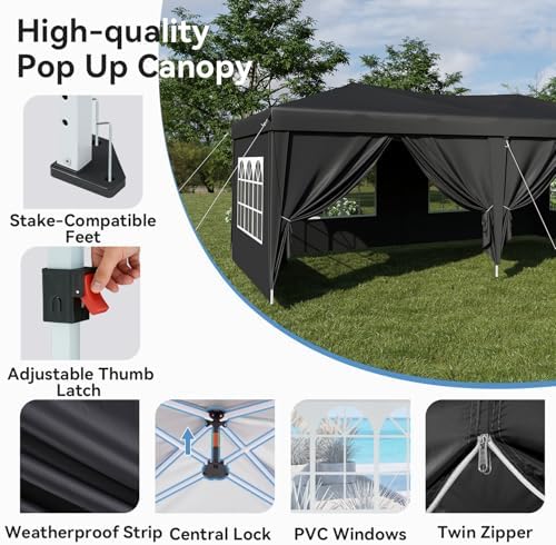 10x20 Pop Up Canopy Tent with Sidewalls, One-Push Instant Setup Waterproof Outdoor Canopy, 3 Adjustable Height Portable Canopy for Outdoor Events, Wedding, Market Stall