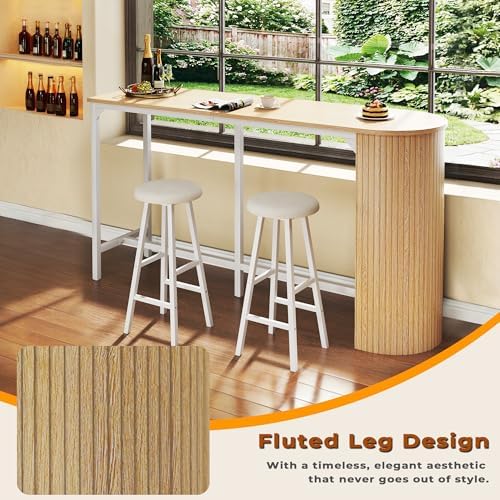 Fluted Bar Table and Chairs Set, 55'' Long Bar Tables with 2 Stools, 3 Piece Counter Height Dining Table for 2, Space Saving Kitchen Table for Bar, Dining Room, Kitchen, Breakfast Nook Corner, Natural