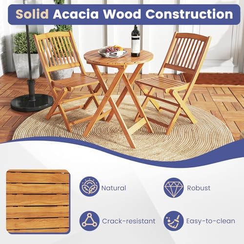 GIANTEX Patio Bistro Set 3 Pieces, Outdoor Acacia Wood Folding Table & Chairs Set with 2 Padded Cushions, Patio Conversation Furniture Set for Backyard, Garden, Balcony, Poolside (Natural & Navy)