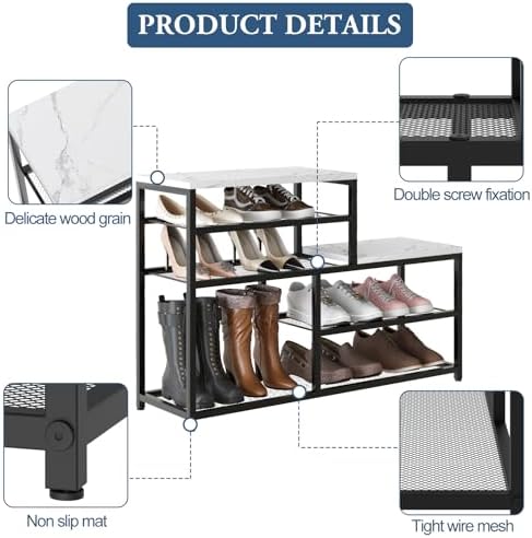 Shoe Rack Bench for Entryway,Free Standing Shoe Storage Organizer for Front Door Entrance,Boot Rack Holder Shelf for Closet with Seat,Sturdy Shoe Shelves for High Heels, Hallways,White Marble