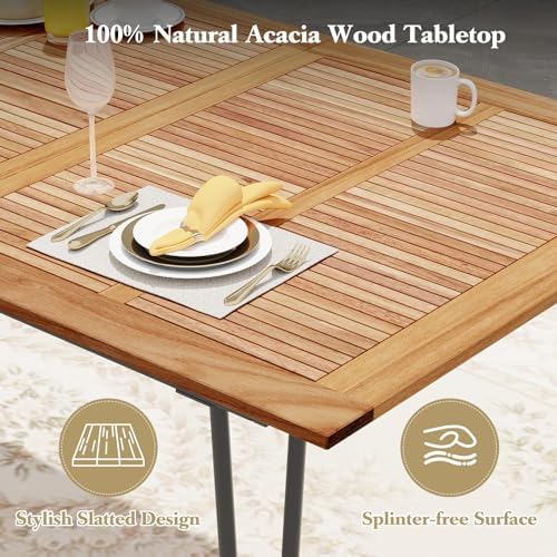 Tangkula 86.5" Large Patio Dining Table for 8, Acacia Wood 8-Person Dining Table with 2" Umbrella Hole & Metal Legs & Adjustable Foot Pads, Rectangular Outside Table for Garden, Poolside & Backyard