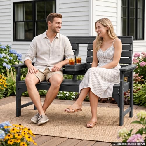 Outdoor Bench, HDPE 2-Person Garden Bench with Cup Holders