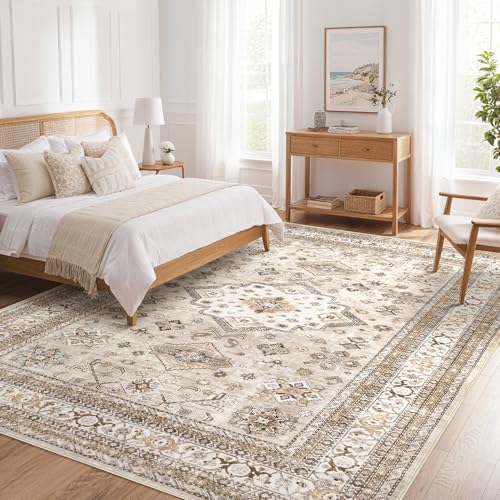 cotiled 6x9 Area Rug for Living Room, Washable, Traditional, Beige