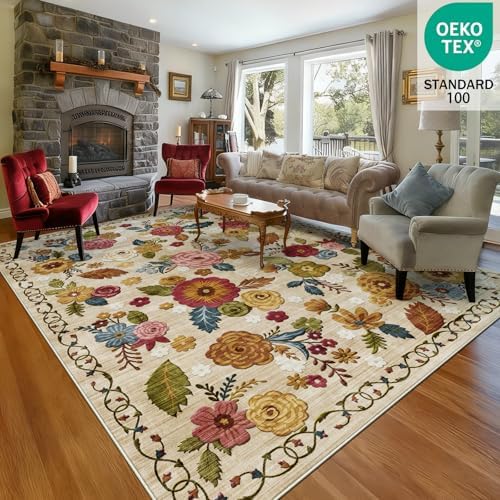 Washable 8x10 Area Rug, Beige Boho Floral Non-Slip for Living Room, Bedroom