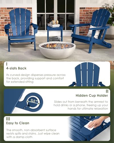 GREENVINES Folding Adirondack Chairs Set of 2 w/Cup Holder, HDPE, Blue