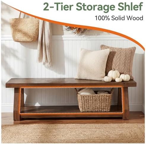 63" Solid Wood Bench, 2-Tier Entryway Bench with Shoe Storage, Rustic Hallway Accent Benches for Entryway, Living Room, Mudroom, Easy Assembly, Rustic Dark Brown