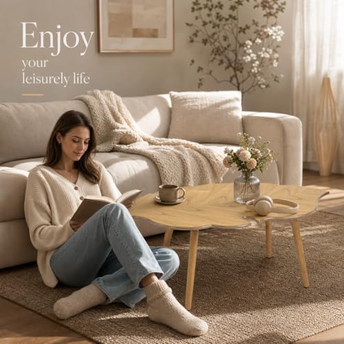Natural Small Modern Coffee Table, Solid Wood Easy Assembly Center Table