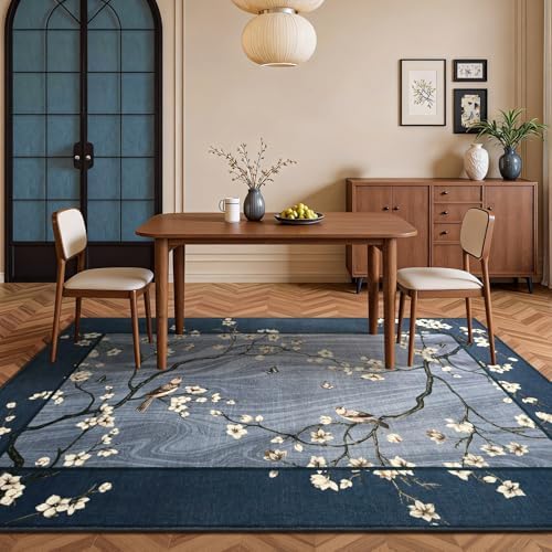 6x9 Navy Blue Oriental Floral Bird Butterfly Print Area Rug