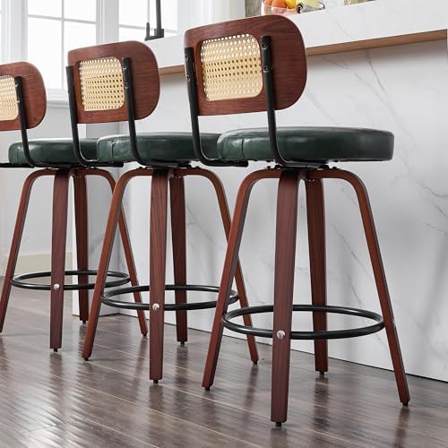 KEEZY Natural Rattan Bar Stools Set of 2, 26 Inch Counter Height Barstools with Backs, PU Leather Seat, 360° Swivel, Wood Legs, Mid-Century Modern Bar Chairs for Kitchen Island, Home Bar(Dark Green)