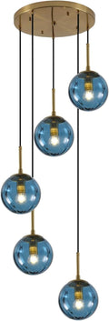 KCO Modern 5-Light Blue Ribbed Glass Globe Cluster Pendant Light Fixture