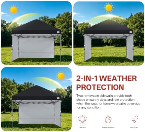 ABCCANOPY 8x8 Pop Up Canopy Tent, 2 Sidewalls, All-Weather Shade, Black