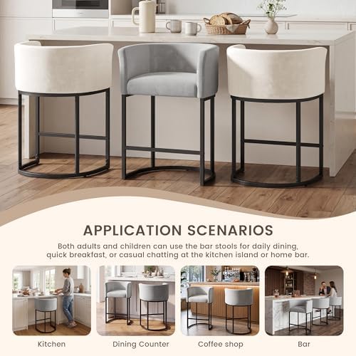 GRUSIGN Chenille Counter Height Bar Stools Set of 2, 26" Kitchen Island Stools with Arms & Footrest, Upholstered Barrel Back Bar Chairs for Kitchen, Dining Room, Bar & Lounge Area, Grey