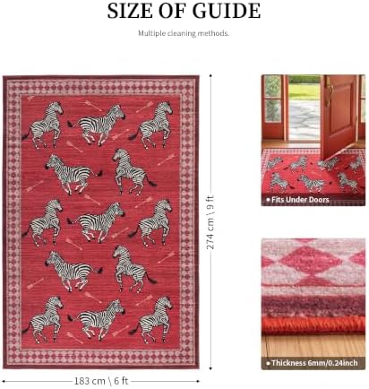 YIHOUSE Red Zebra Area Rugs 6×9, Washable Animal Print Rug with Checkered Border, Non-Slip Low Pile Mid-Century Modern Carpet for Living Room, Bedroom, Dining Room, Home Decor