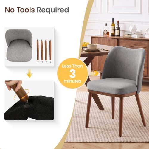 Upholstered Dining Chairs Set of 2, Fabric Wooden Kitchen Chair, Grey