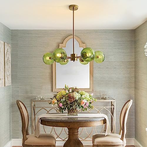 BOKT Green Glass Ball Pendant Light Mid Century Modern Gold 6-Lights Globe Sputnik Chandelier Light Fixture Brushed Brass Chandelier Pendant Light for Kitchen Island Dining Room