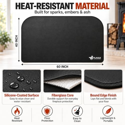 FLASLD Fireplace Mat 40 x 60 in, Heat-Resistant Floor Protector, Black