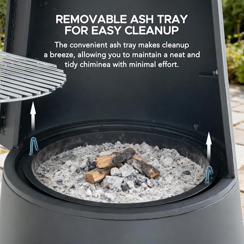 SUNJOY 57 Inch 2-in-1 Chiminea Fire Pit & Grill - Grey Metal Outdoor Chiminea with Removable Stainless Steel Grill Grate, PVC Cover, and Mesh Safety Screen Door