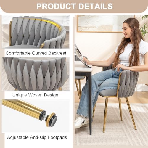 Grey Velvet Dining Chairs Set of 4, Modern Upholstered Dining Room Chairs with Gold Metal Legs, Luxury Barrel Dining Chairs for Kitchen, Living Room, Restaurant