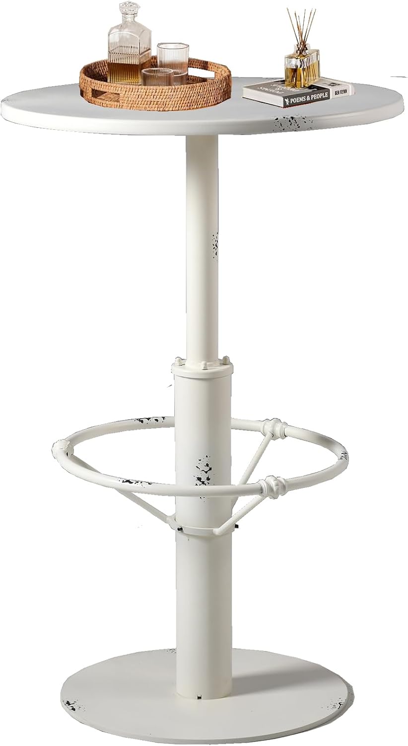 Industrial Pub Table 23.6" Iron Round Desktop 37.4" Height Cast Iron Bar Table Antique White