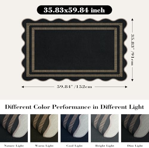 Modern Easy Jute 3x5 Outdoor Patio Rug, Black Washable Rugs for Entryway Indoor Kitchen Rugs, Farmhouse Neutral Non Slip Carpet for Living Room Backyard