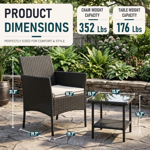 FDW 3-Piece Patio Furniture Set | Black & Beige | Outdoor Wicker Furniture