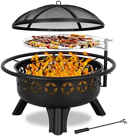 Hykolity 2 in 1 Fire Pit with Grill, Large 31" Wood Burning Fire Pit with Swivel Cooking Grate Outdoor Firepit for Backyard Bonfire Patio Outside Picnic BBQ, with Spark Cover, Fire Poker