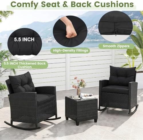 ORALNER 3 Pieces Patio Rocking Chair, Black Wicker Bistro Set (Black)