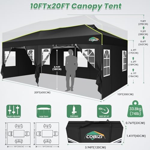 COBIZI 10x20 Pop Up Canopy Tent with 6 Removable Sidewalls, Outdoor, Black