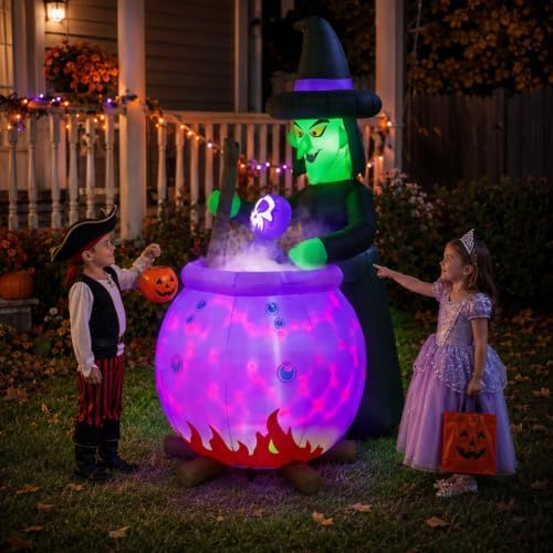 6 FT Halloween Inflatable Witch and Cauldron with RGB Lighted Halloween Blow Ups Outdoor Decorations for Yard, Lawn, Garden, Porch and Party