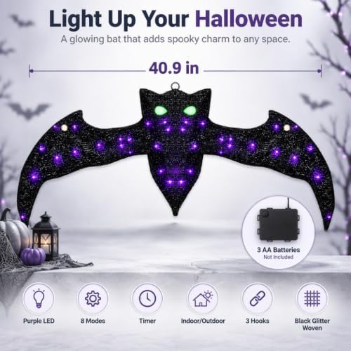40.9 Inch Lighted Halloween Bat Decoration with Glowing Green Eyes and Purple...