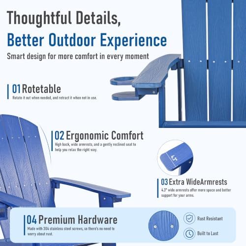 Adirondack Chairs Set of 2, Outdoor Adirondack Chair with Cup Holder, HDPE Patio Chairs, Waterproof, Fade-Proof Fire Pit Chairs for Yard & Garden, Blue