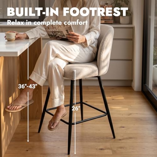 Counter Height Bar Stools Set of 2, 360° Swivel Upholstered Barstools with Backs and Metal Legs, 26" H Seat Height, Linen Fabric in Redish Sand