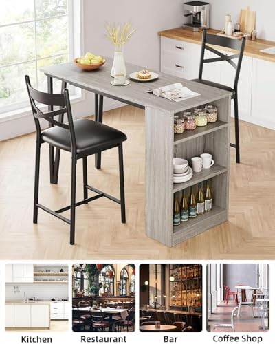 Garvee Extendable Bar Table and Chairs Set, 3 Piece Bar Table Set, Grey